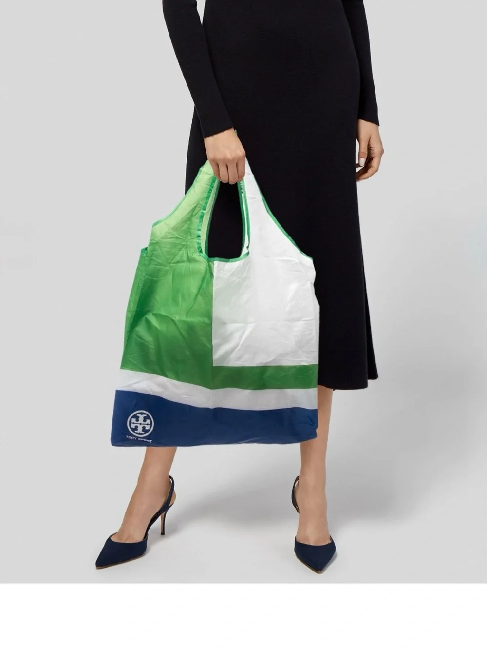 Tory Burch Green White Blue Colorblock Reusable Shopper Tote